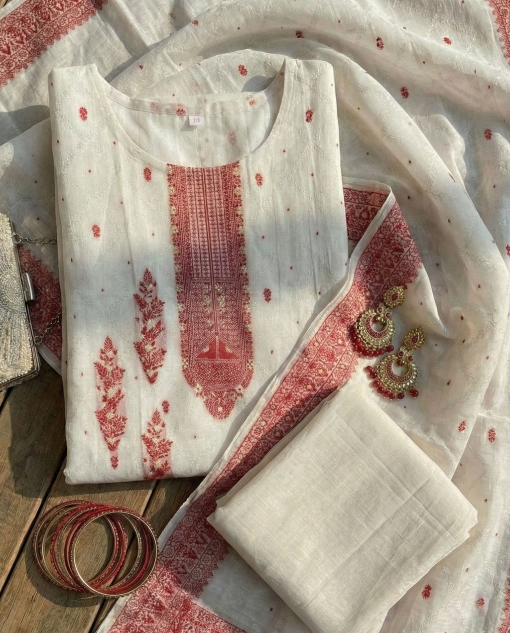 Ivory Jacquard Zari Unstitched Suit with Traditional Red Woven Motifs