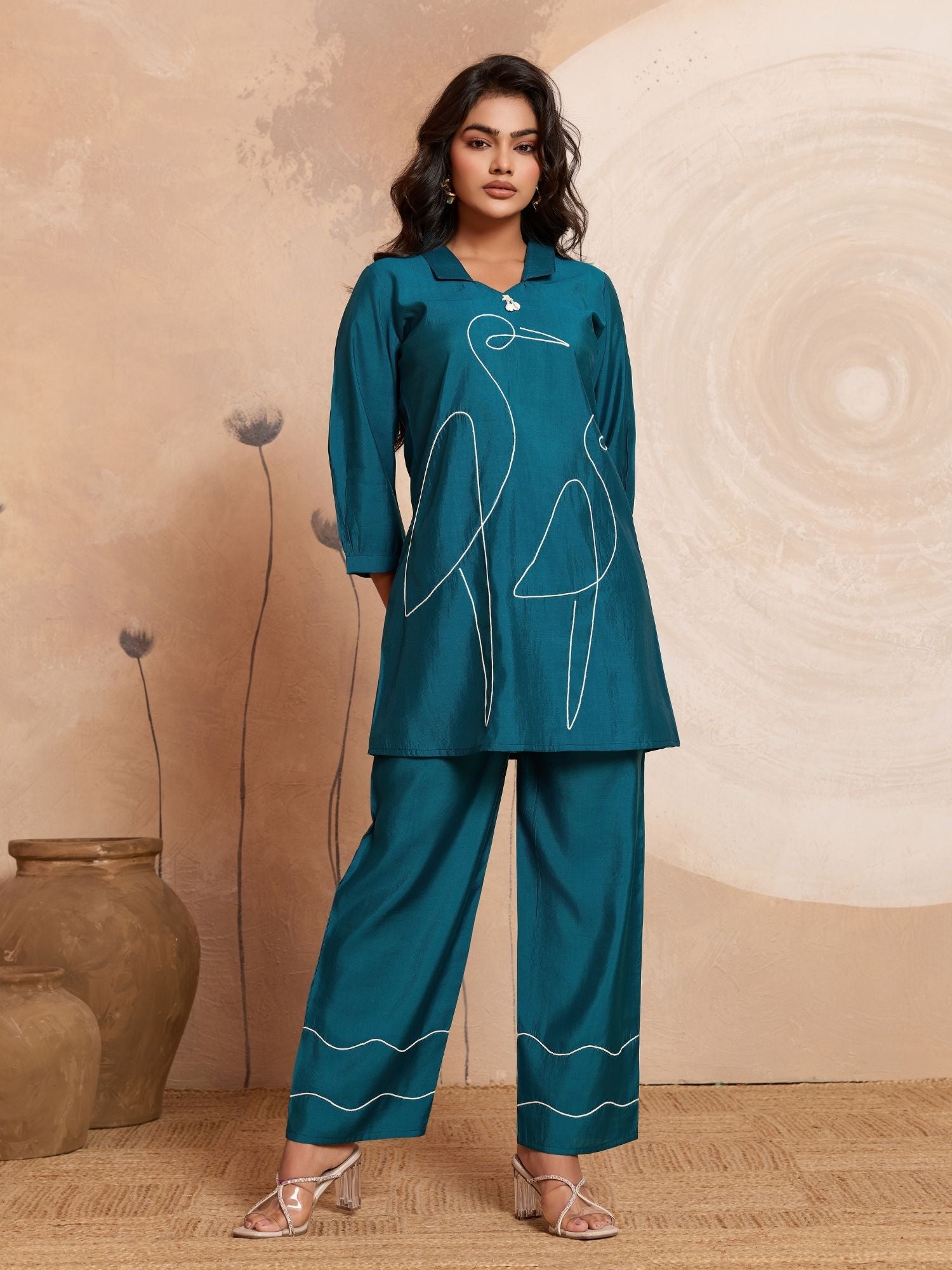Aarika - Peacock Green Designer Roman PV Chanderi Co-Ord Set