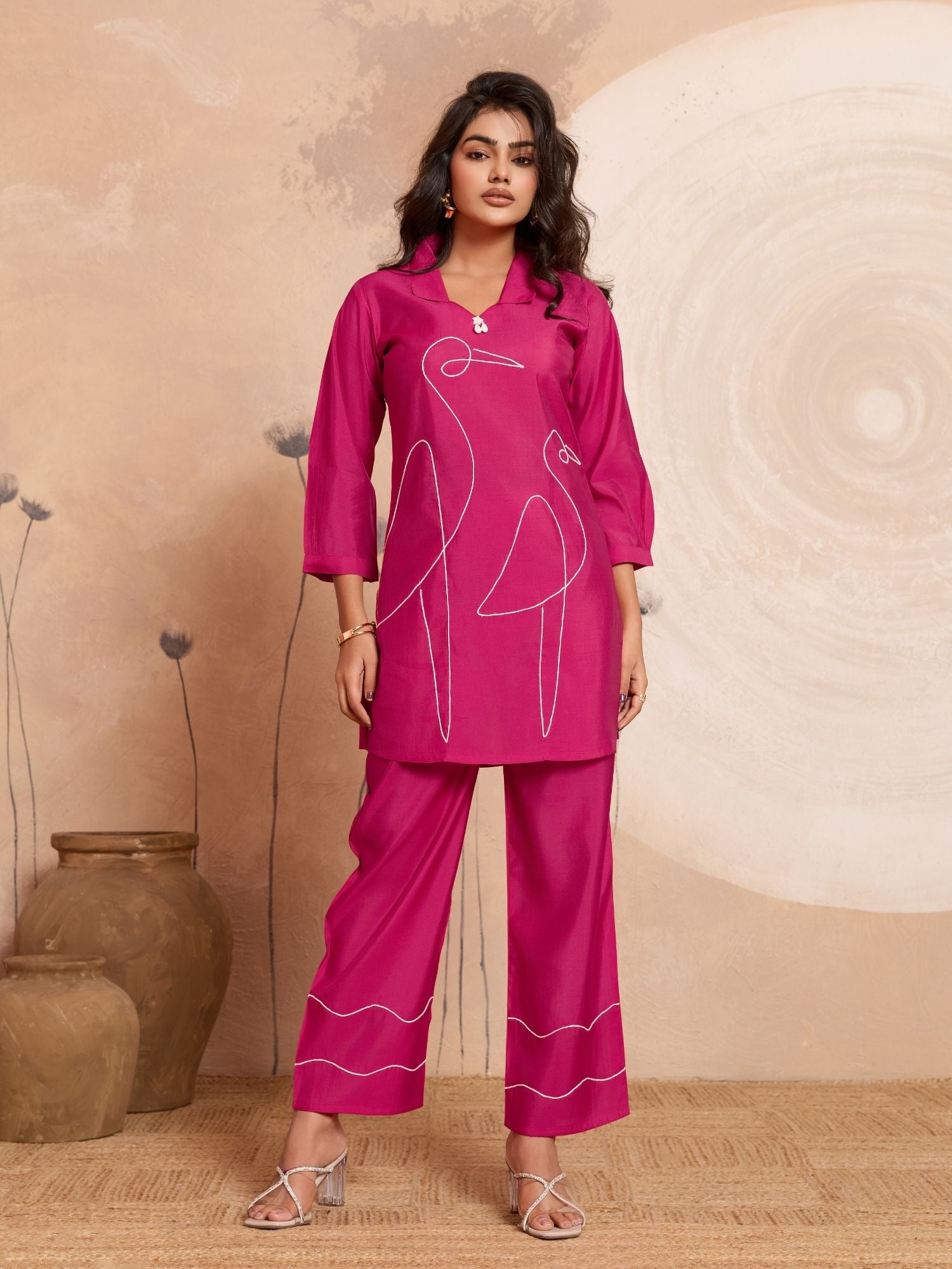 Aarika - Pink Designer Roman PV Chanderi Co-Ord Set