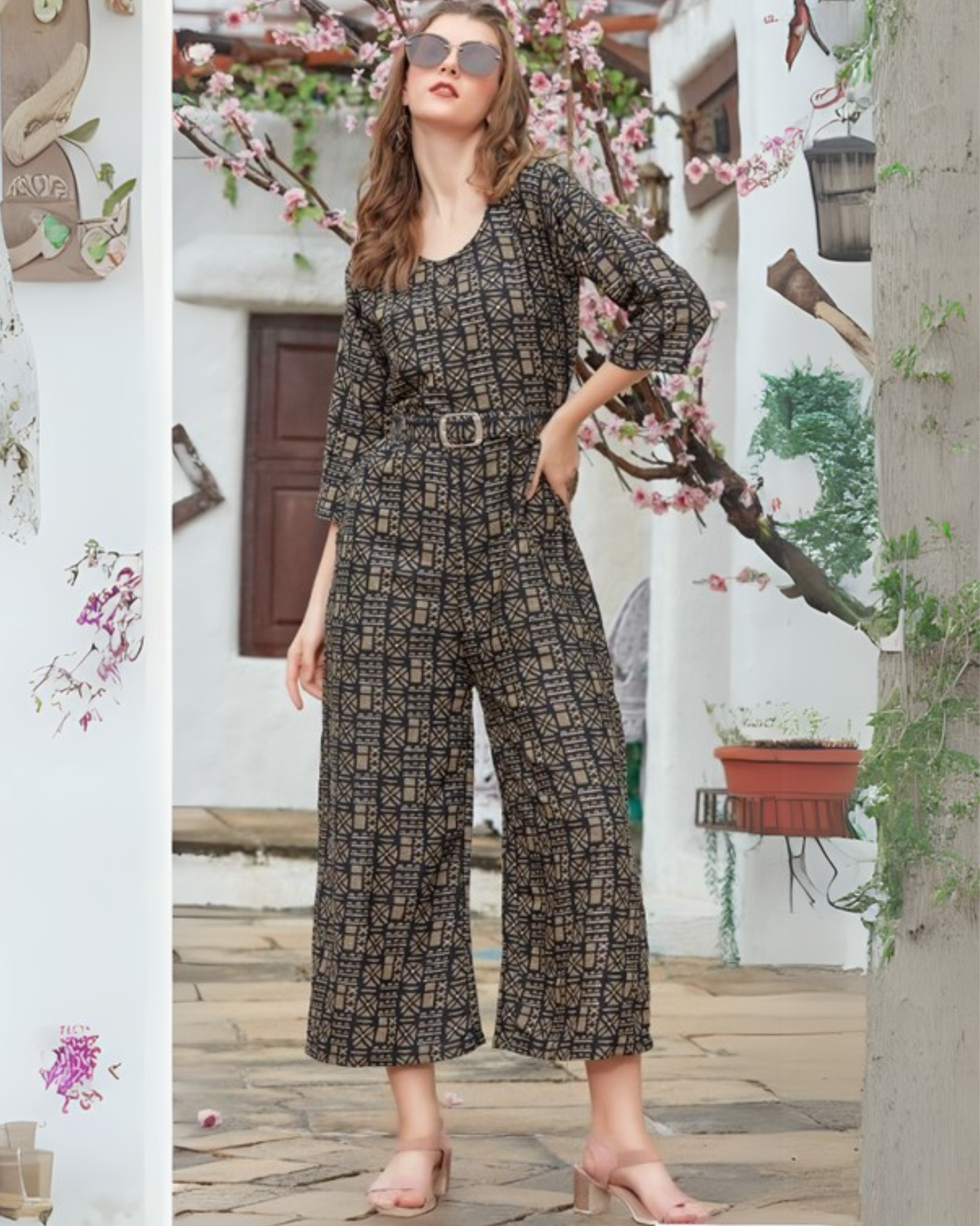 Joy Suit - Black Gold Geometric Rayon Foil Jumpsuit