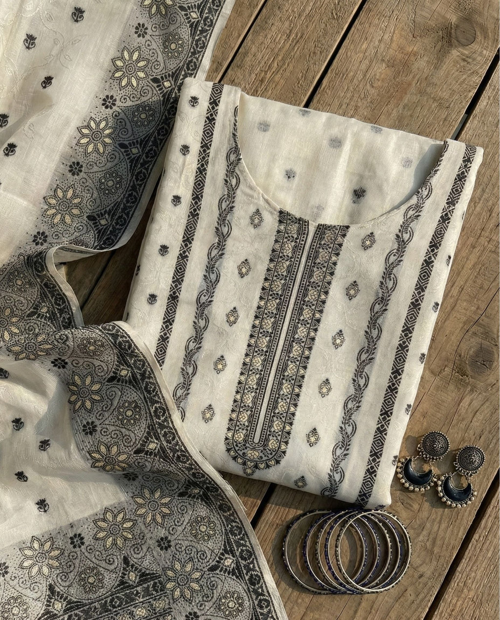 Ivory & Black Cotton Jacquard Zari Unstitched Suit Set (Heritage)