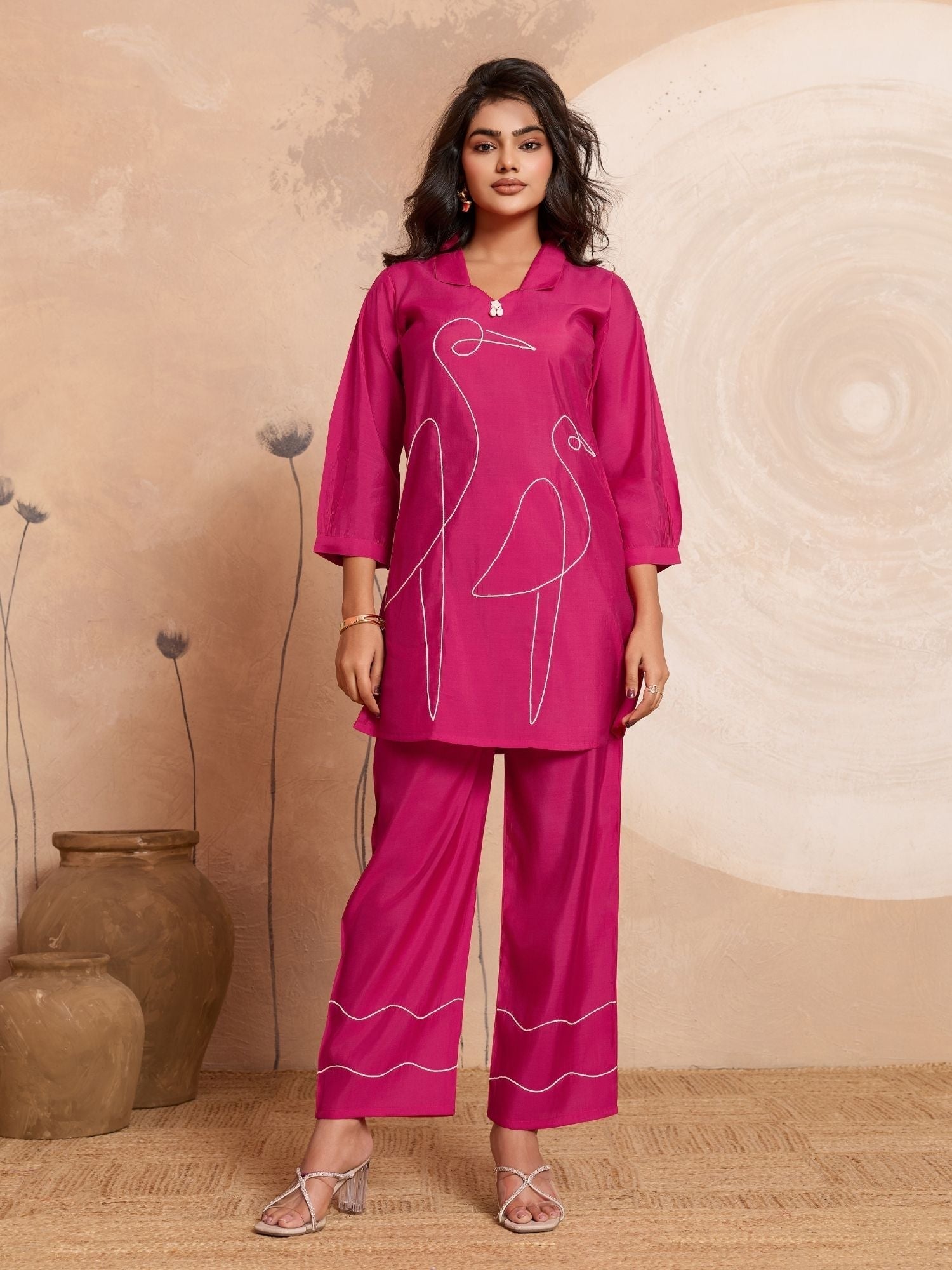 Aarika - Pink Designer Roman PV Chanderi Co-Ord Set