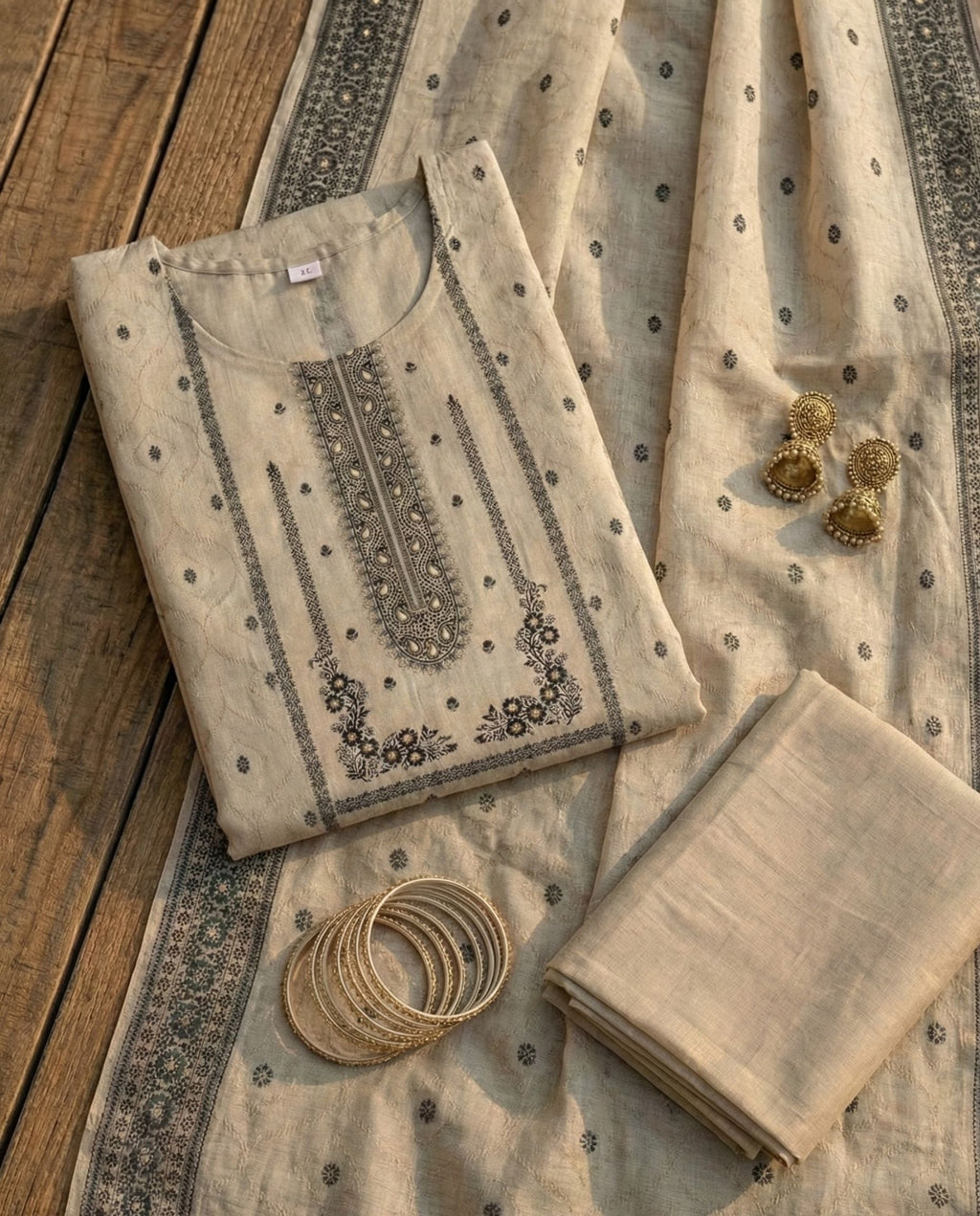 Ivory Charcoal Cotton Jacquard Zari Unstitched Suit Set Heirloom