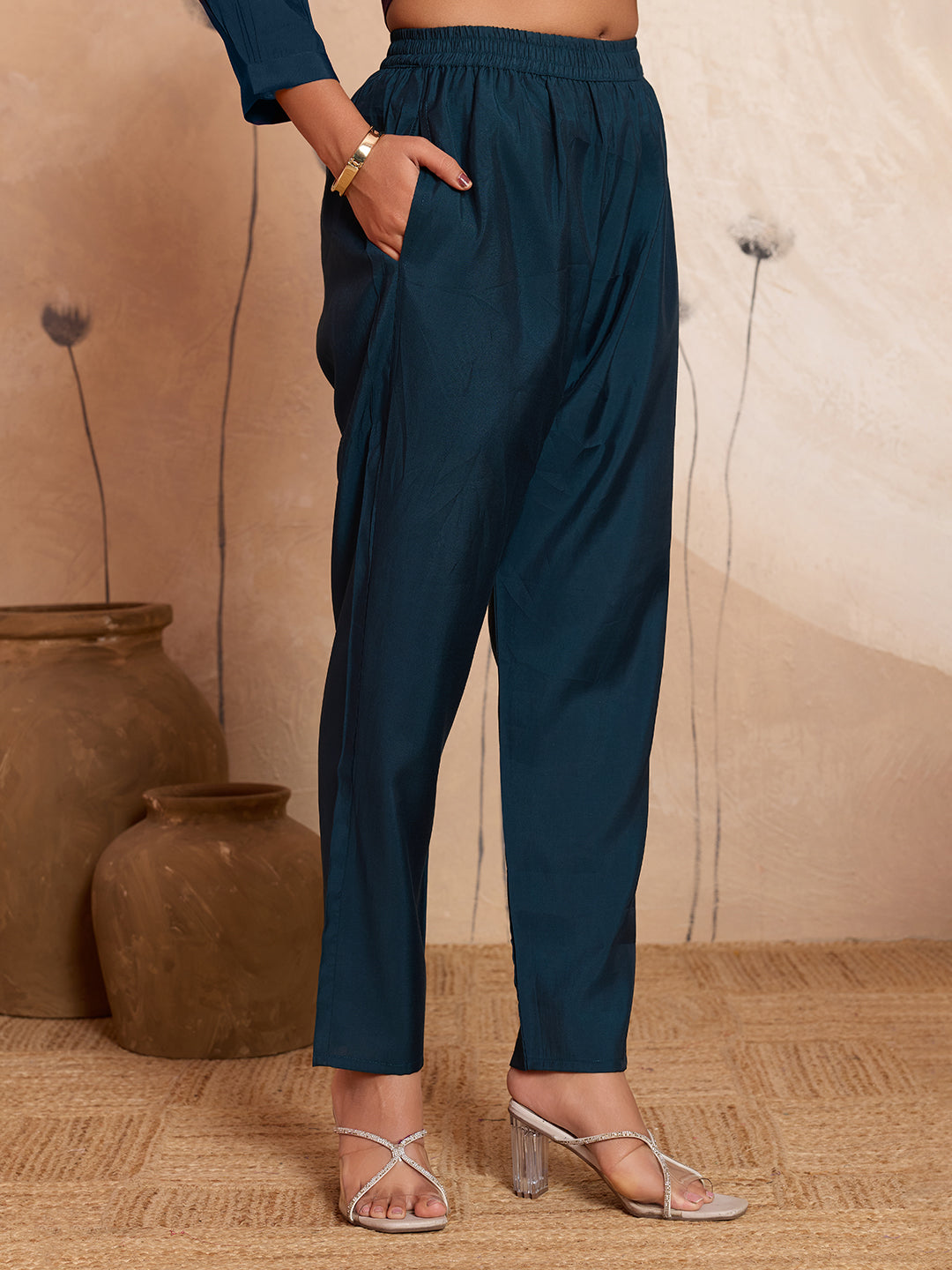 Meher -  Teal Blue Designer Chanderi Silk Embroidered Co-Ord Set
