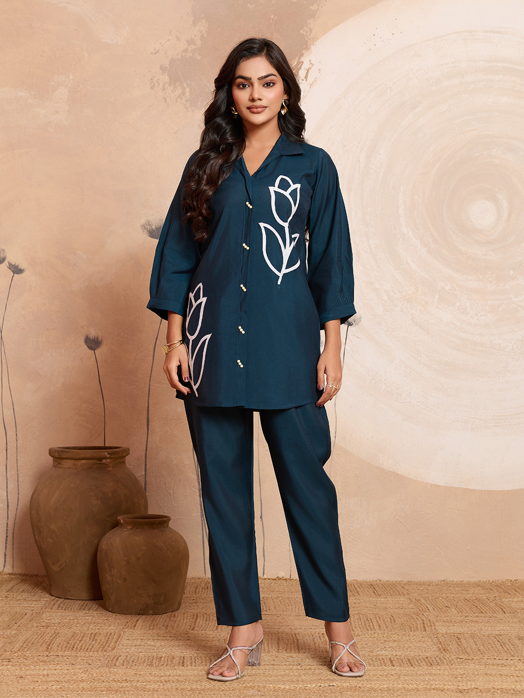 Meher -  Teal Blue Designer Chanderi Silk Embroidered Co-Ord Set