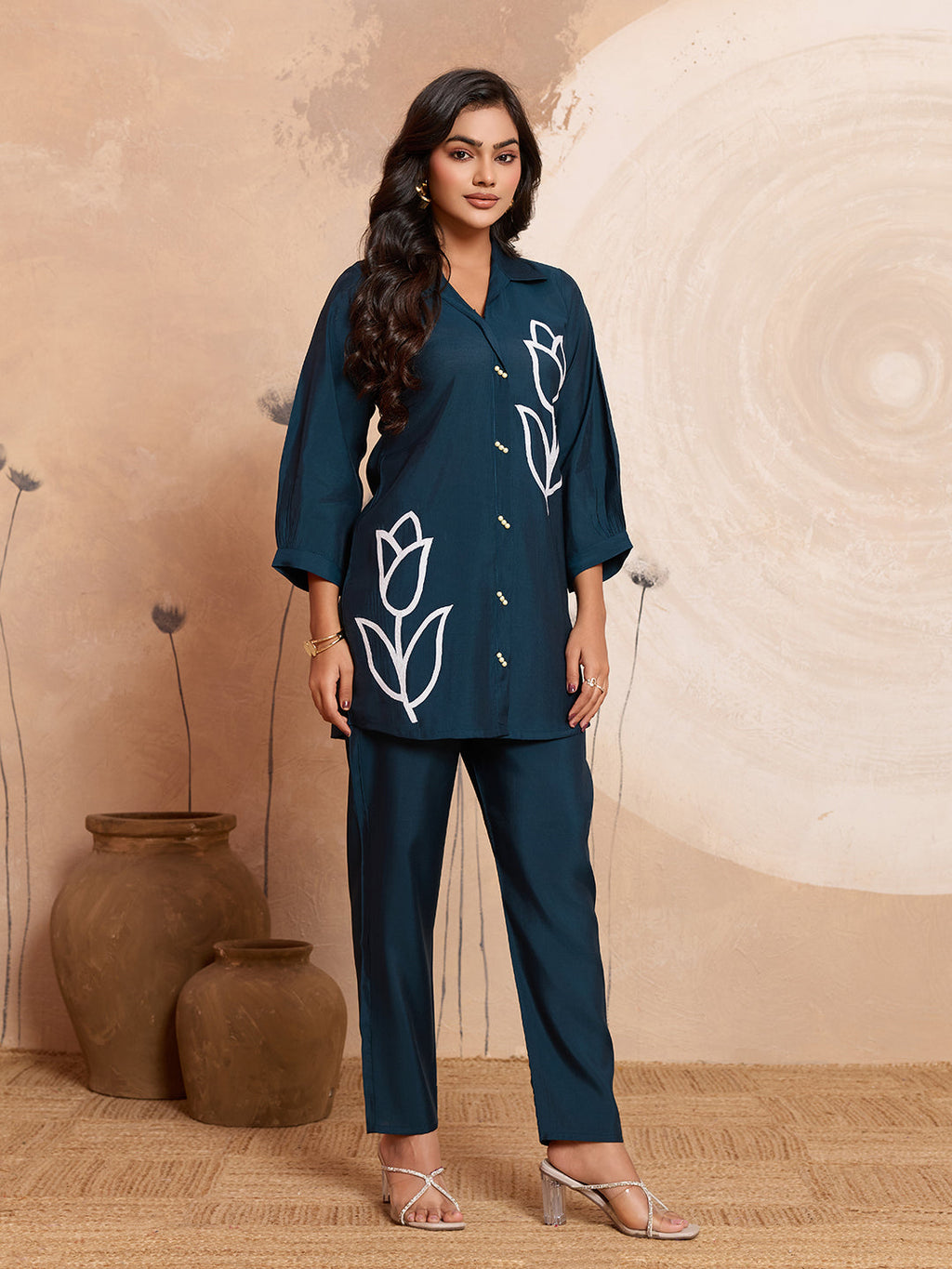 Meher -  Teal Blue Designer Chanderi Silk Embroidered Co-Ord Set