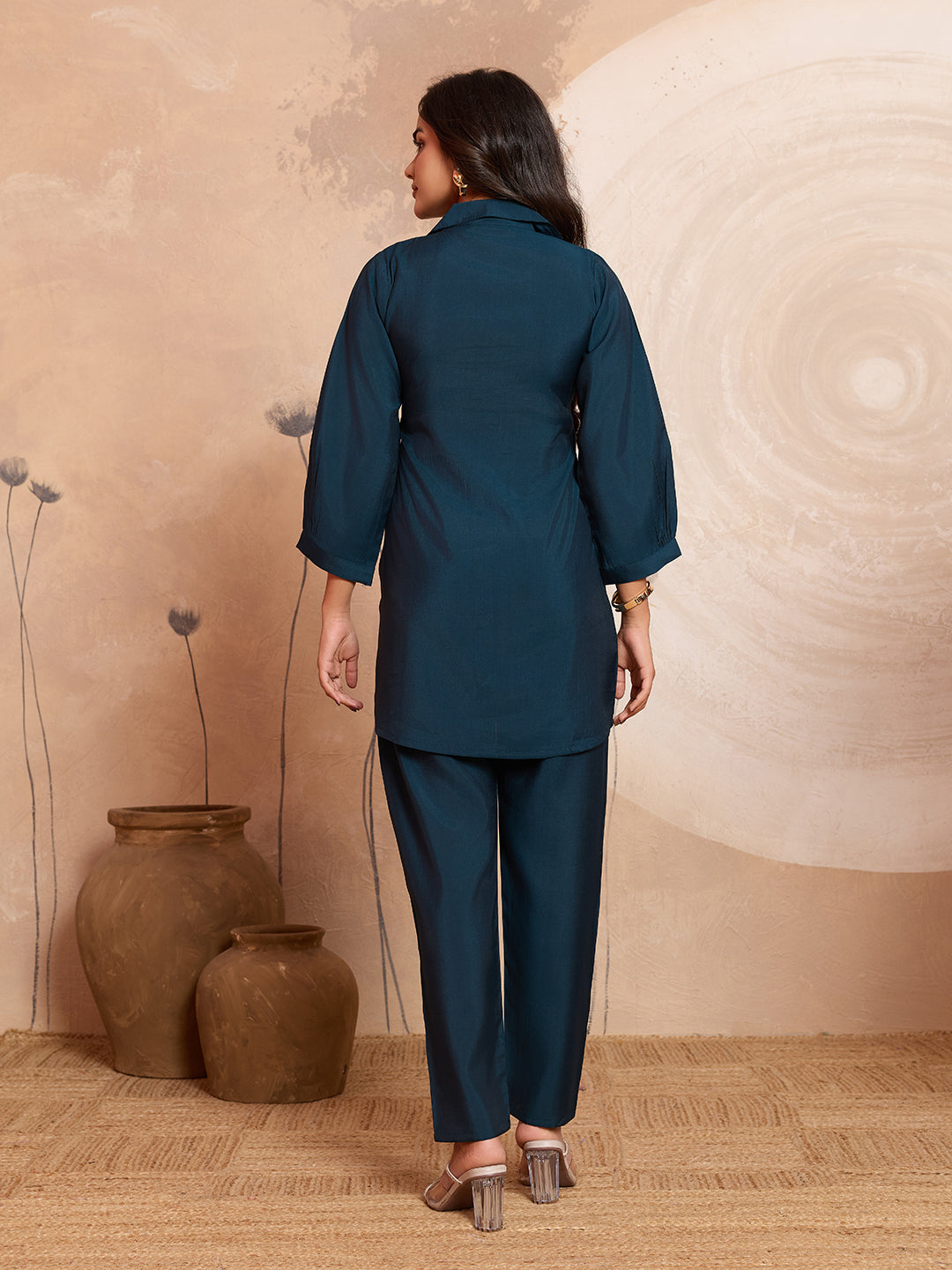 Meher -  Teal Blue Designer Chanderi Silk Embroidered Co-Ord Set