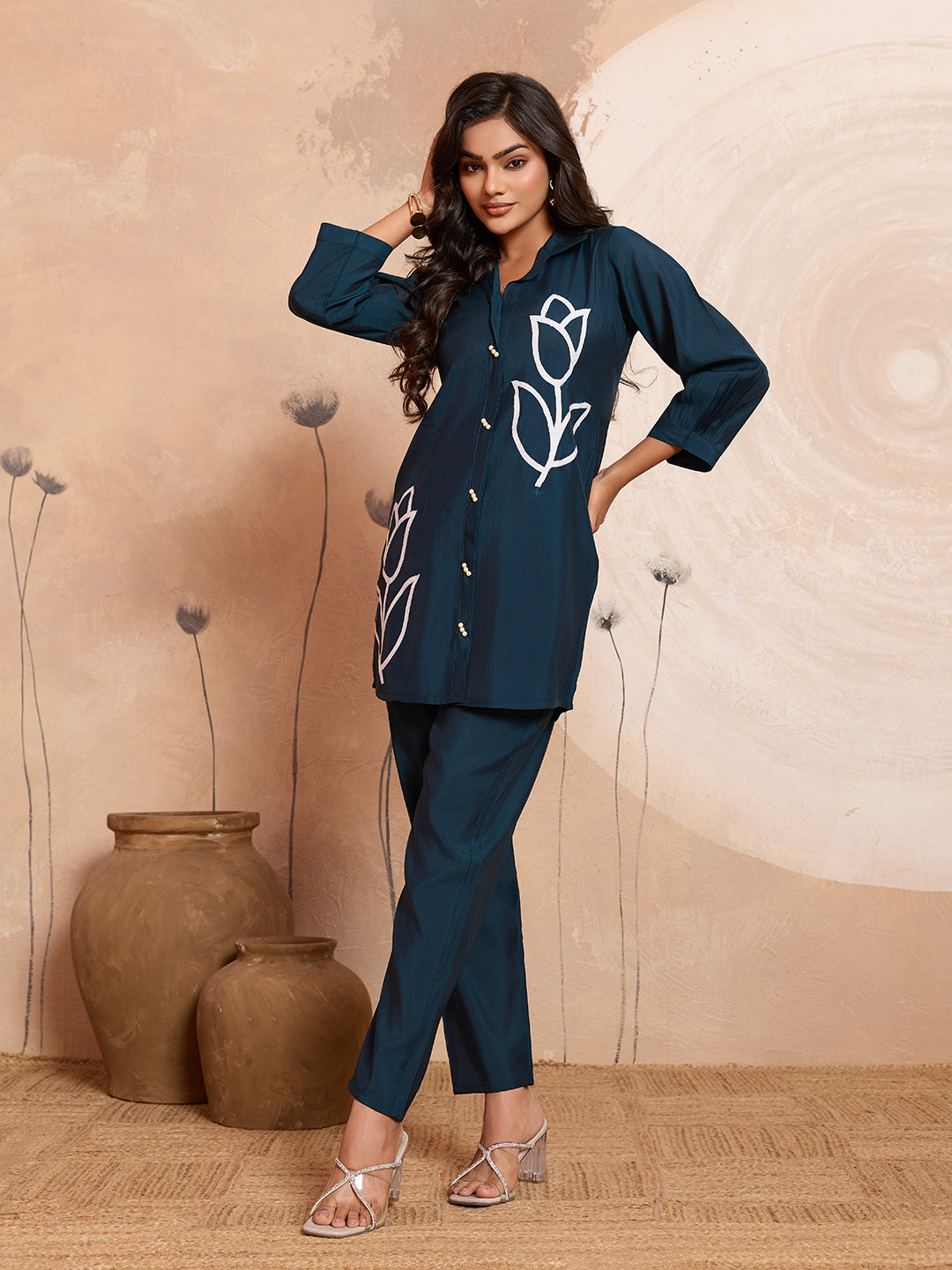 Meher -  Teal Blue Designer Chanderi Silk Embroidered Co-Ord Set