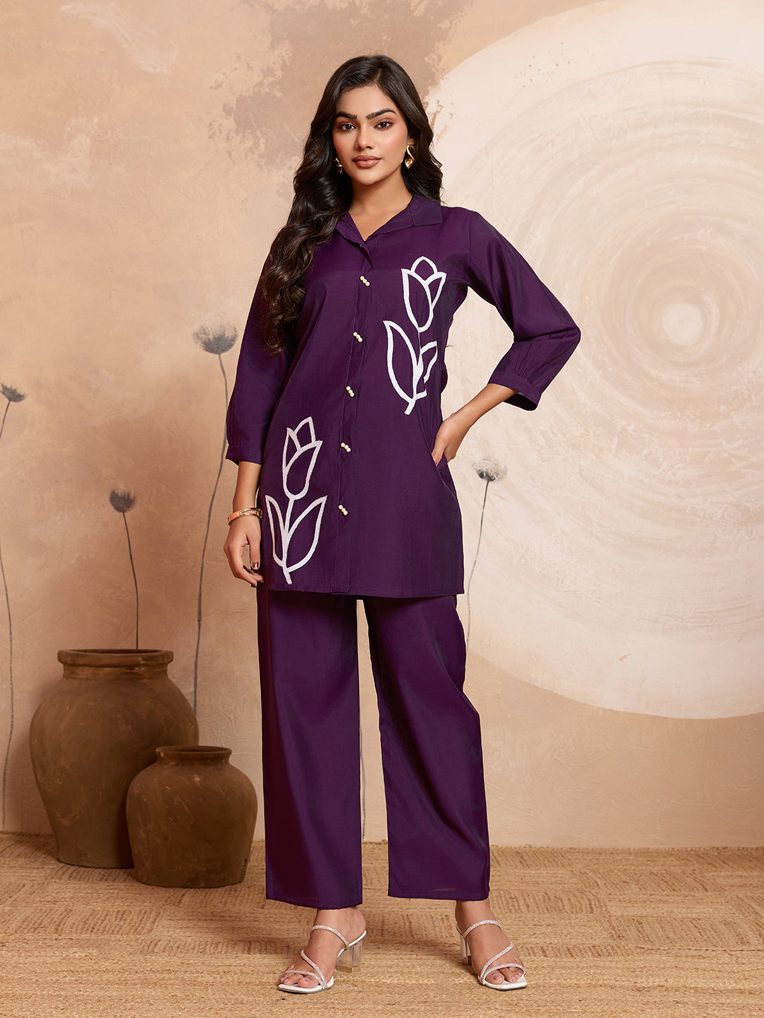 Meher -  Plum Purple Designer Chanderi Silk Embroidered Co-Ord Set
