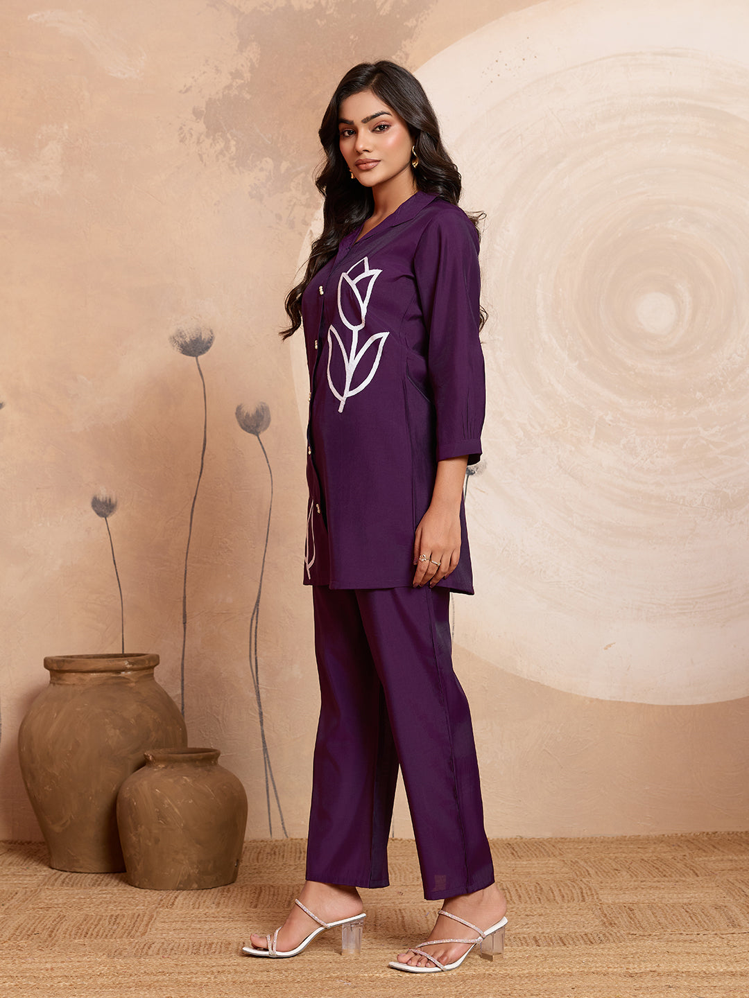Meher -  Plum Purple Designer Chanderi Silk Embroidered Co-Ord Set