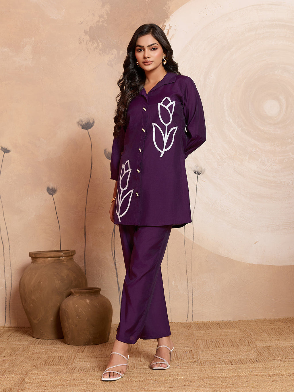 Meher -  Plum Purple Designer Chanderi Silk Embroidered Co-Ord Set