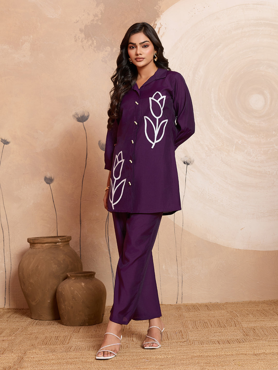 Meher -  Plum Purple Designer Chanderi Silk Embroidered Co-Ord Set