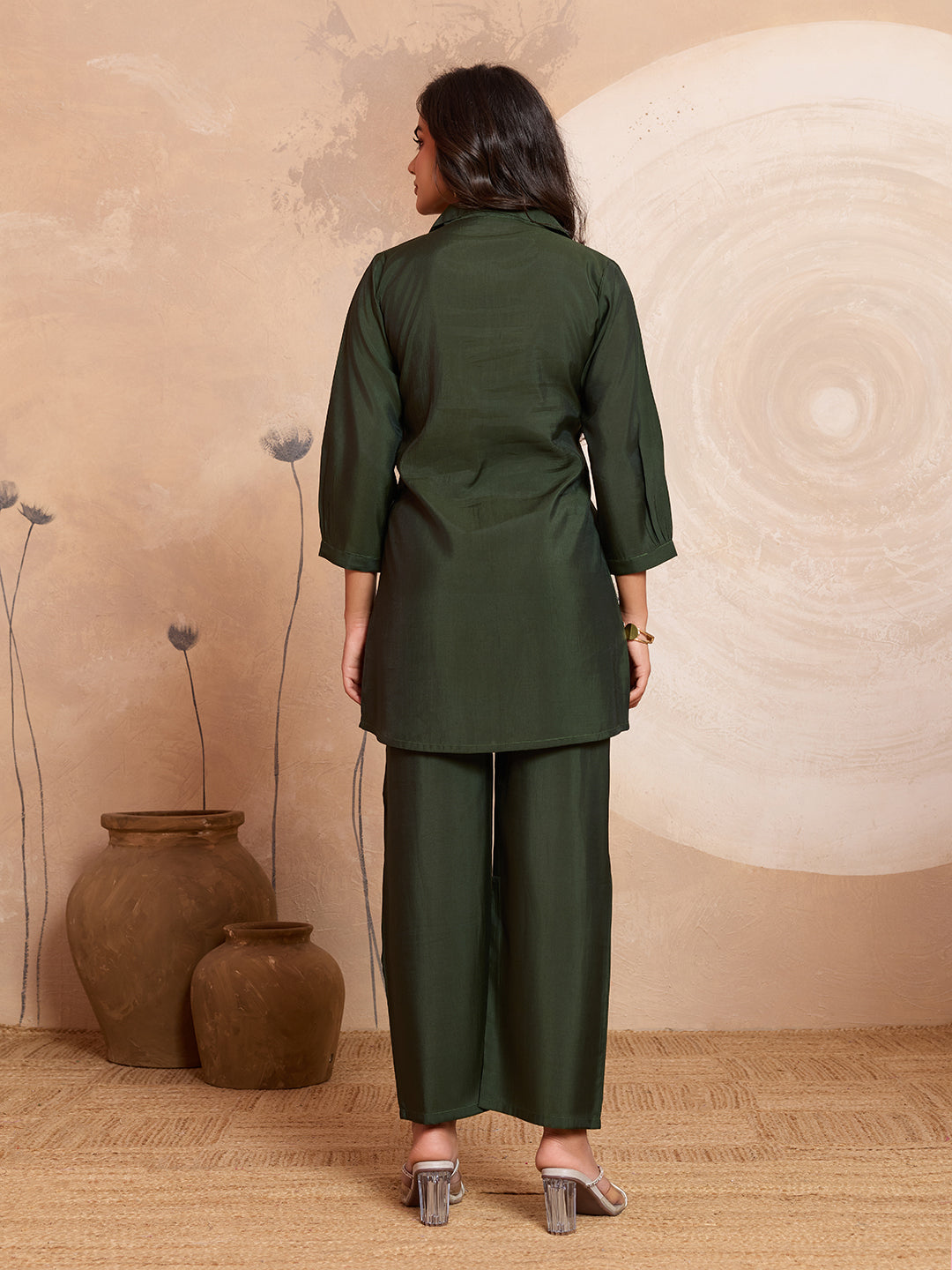 Meher -  Olive Green Designer Chanderi Silk Embroidered Co-Ord Set