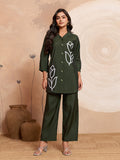 Meher -  Olive Green Designer Chanderi Silk Embroidered Co-Ord Set