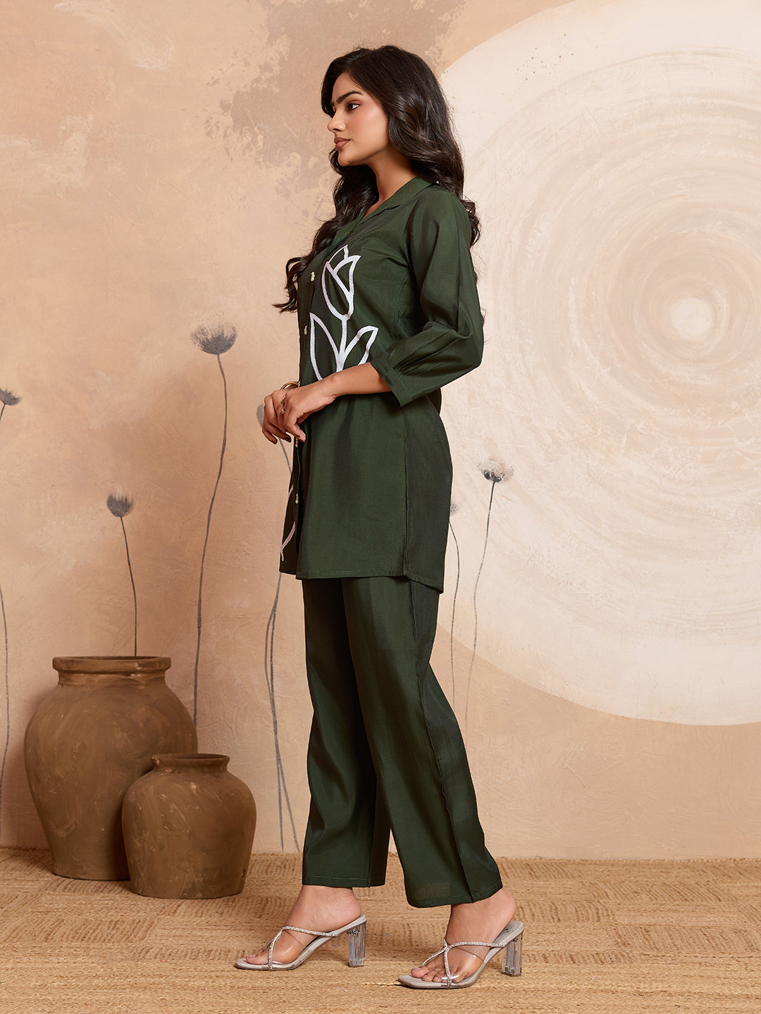 Meher -  Olive Green Designer Chanderi Silk Embroidered Co-Ord Set