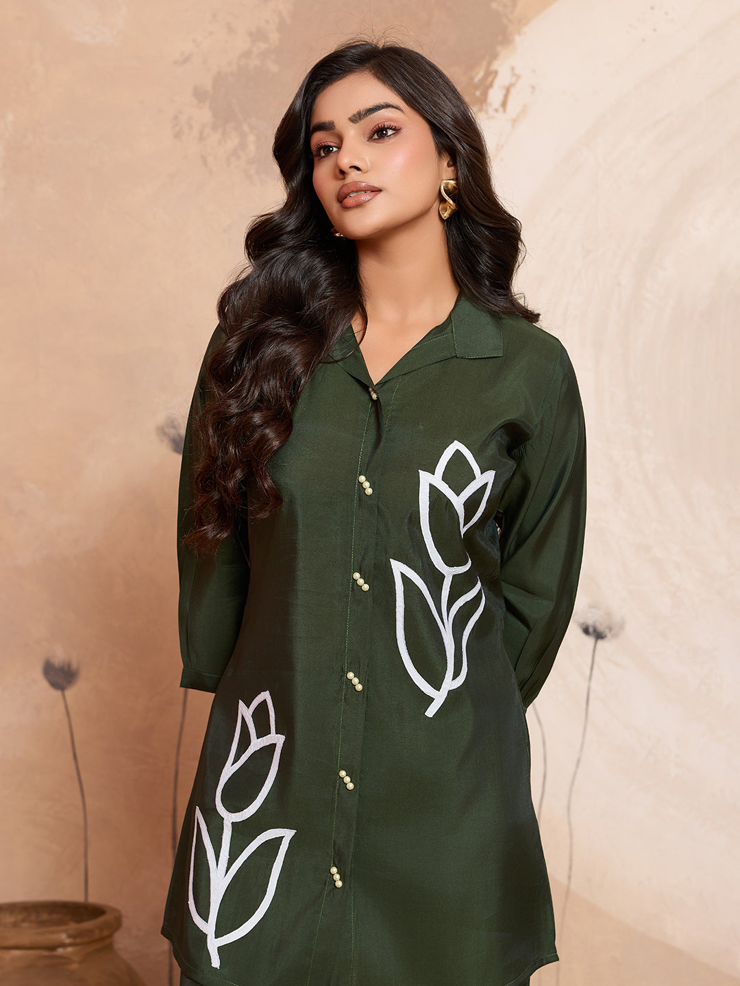 Meher -  Olive Green Designer Chanderi Silk Embroidered Co-Ord Set