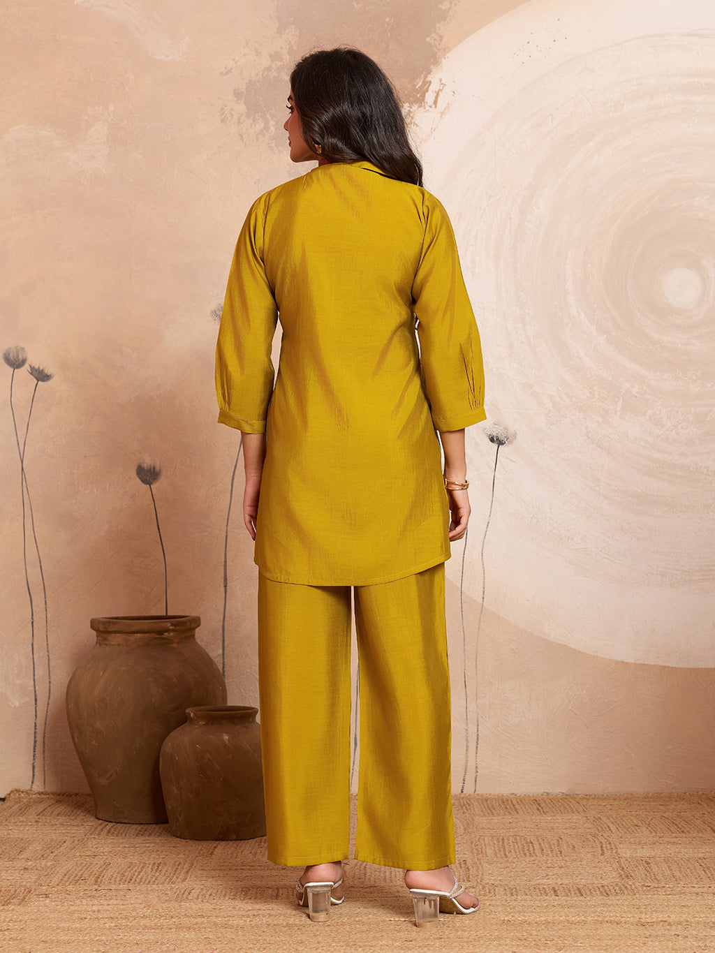 Meher -  Mustard Designer Chanderi Silk Embroidered Co-Ord Set