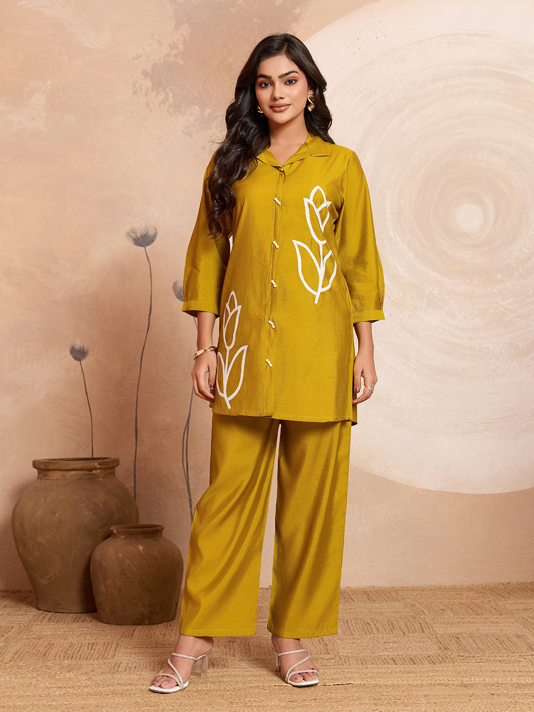 Meher -  Mustard Designer Chanderi Silk Embroidered Co-Ord Set