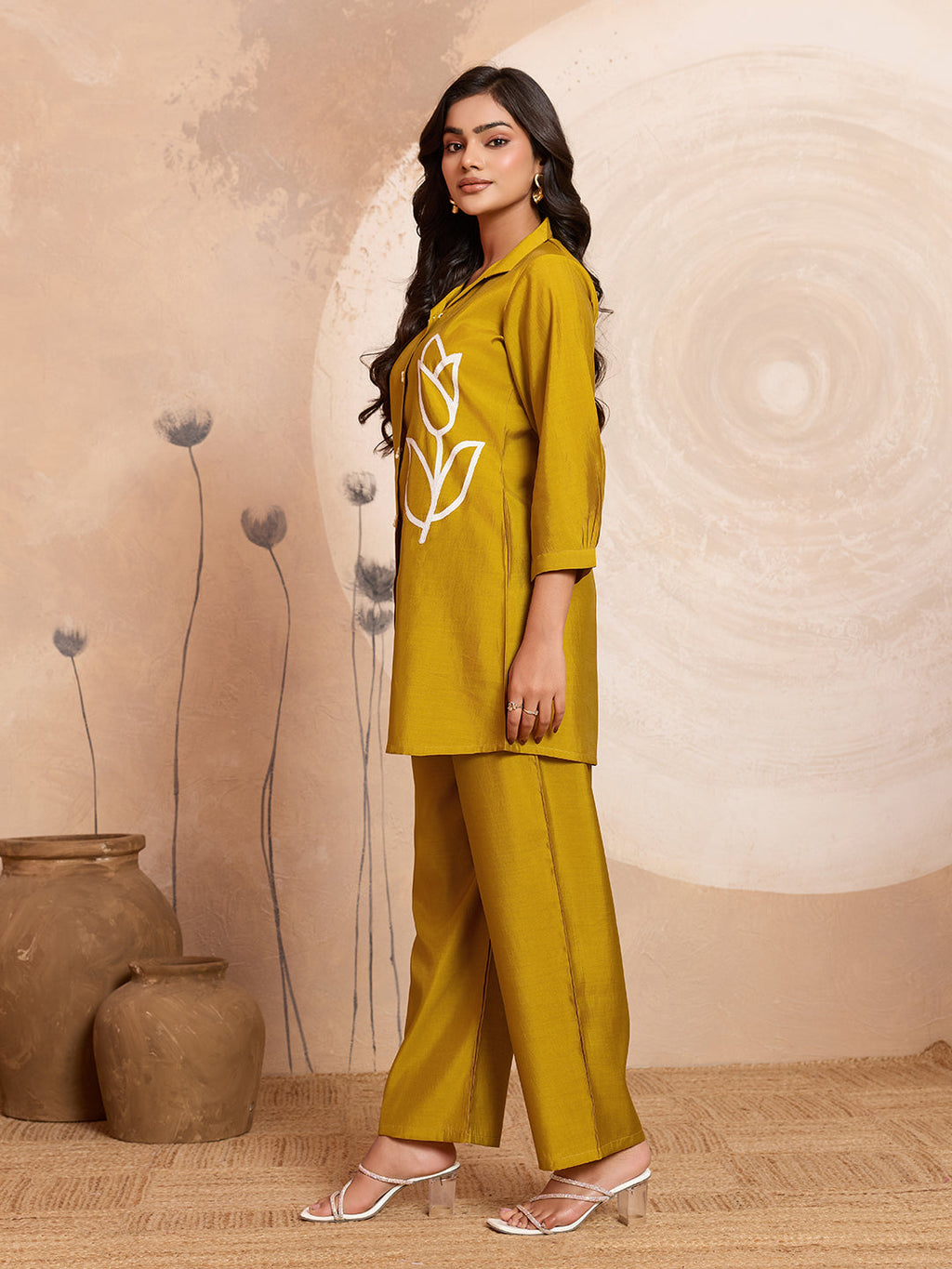 Meher -  Mustard Designer Chanderi Silk Embroidered Co-Ord Set