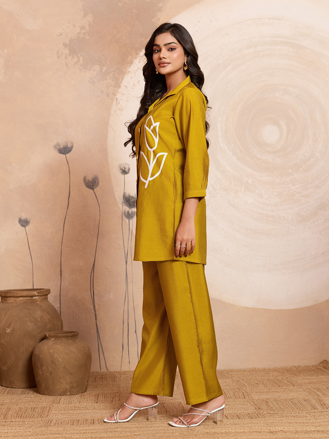 Meher -  Mustard Designer Chanderi Silk Embroidered Co-Ord Set
