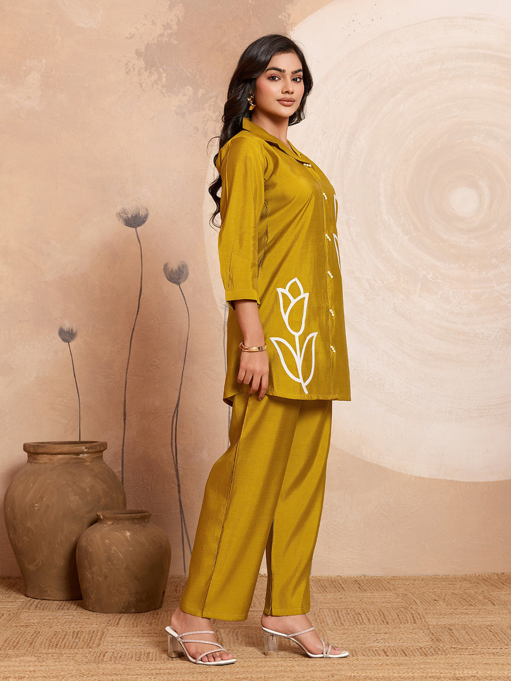 Meher -  Mustard Designer Chanderi Silk Embroidered Co-Ord Set