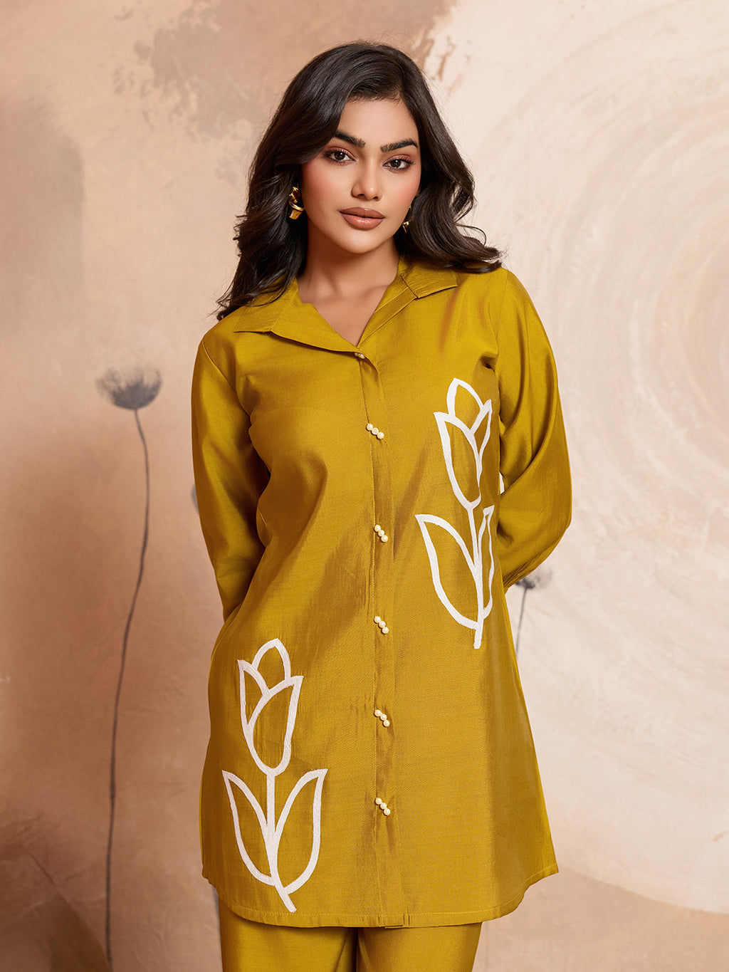 Meher -  Mustard Designer Chanderi Silk Embroidered Co-Ord Set