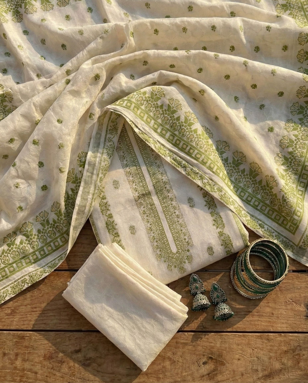 Ivory Olive Cotton Jacquard Zari Unstitched Suit Set Heritage