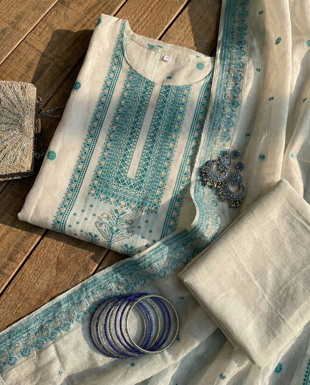 Ivory Teal Jacquard Zari Unstitched Suit Set