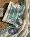 Ivory Teal Jacquard Zari Unstitched Suit Set