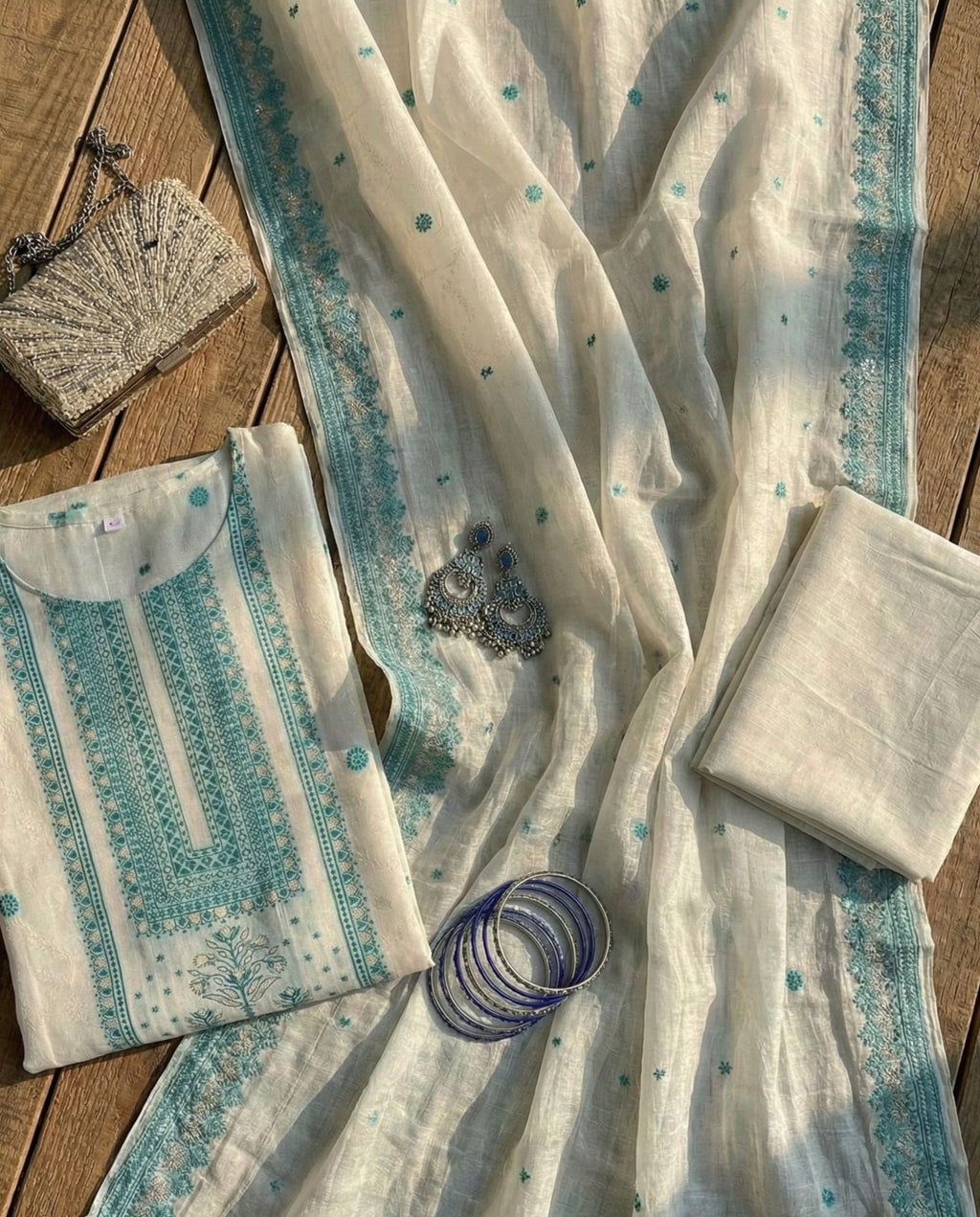 Ivory Teal Jacquard Zari Unstitched Suit Set