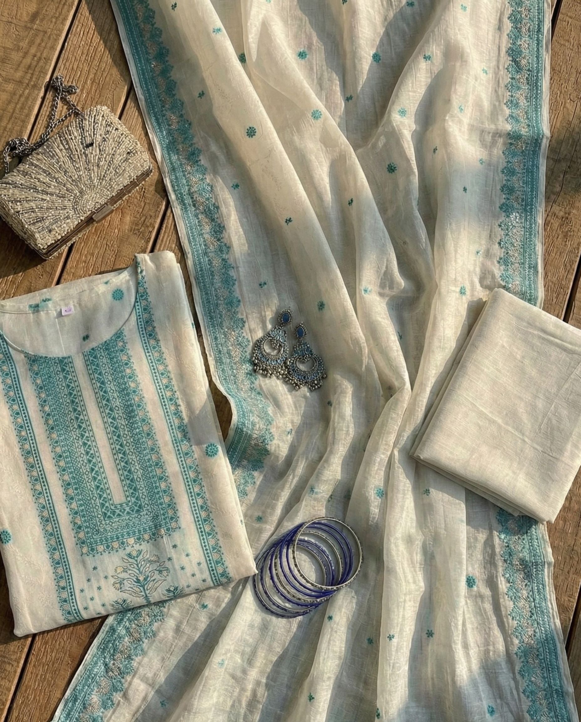 Ivory Teal Jacquard Zari Unstitched Suit Set