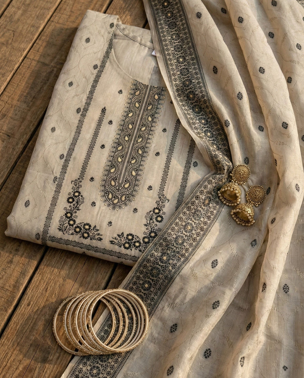 Ivory Charcoal Cotton Jacquard Zari Unstitched Suit Set Heirloom