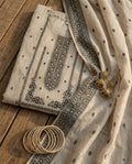 Ivory Charcoal Cotton Jacquard Zari Unstitched Suit Set Heirloom