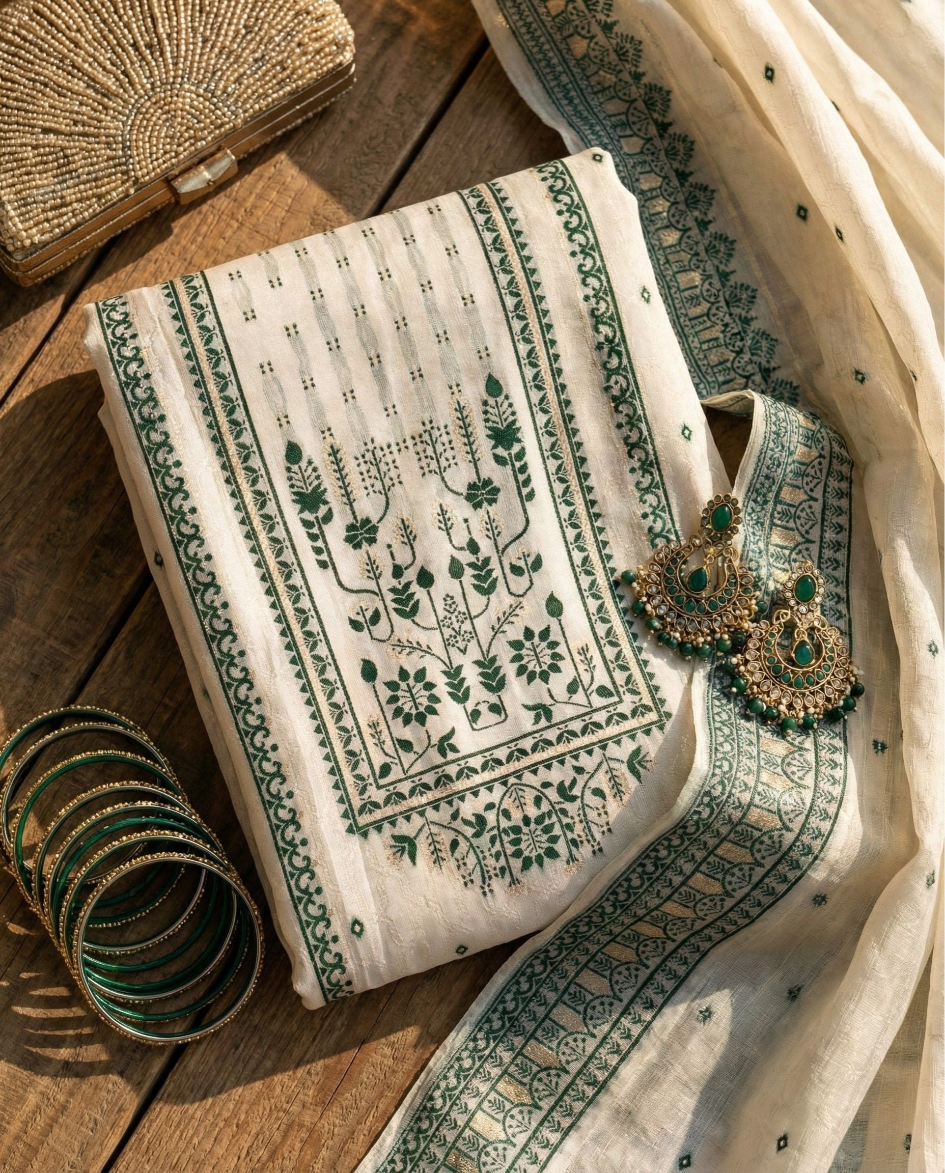 Ivory Sage Cotton Jacquard Zari Unstitched Suit Set Heritage Grace
