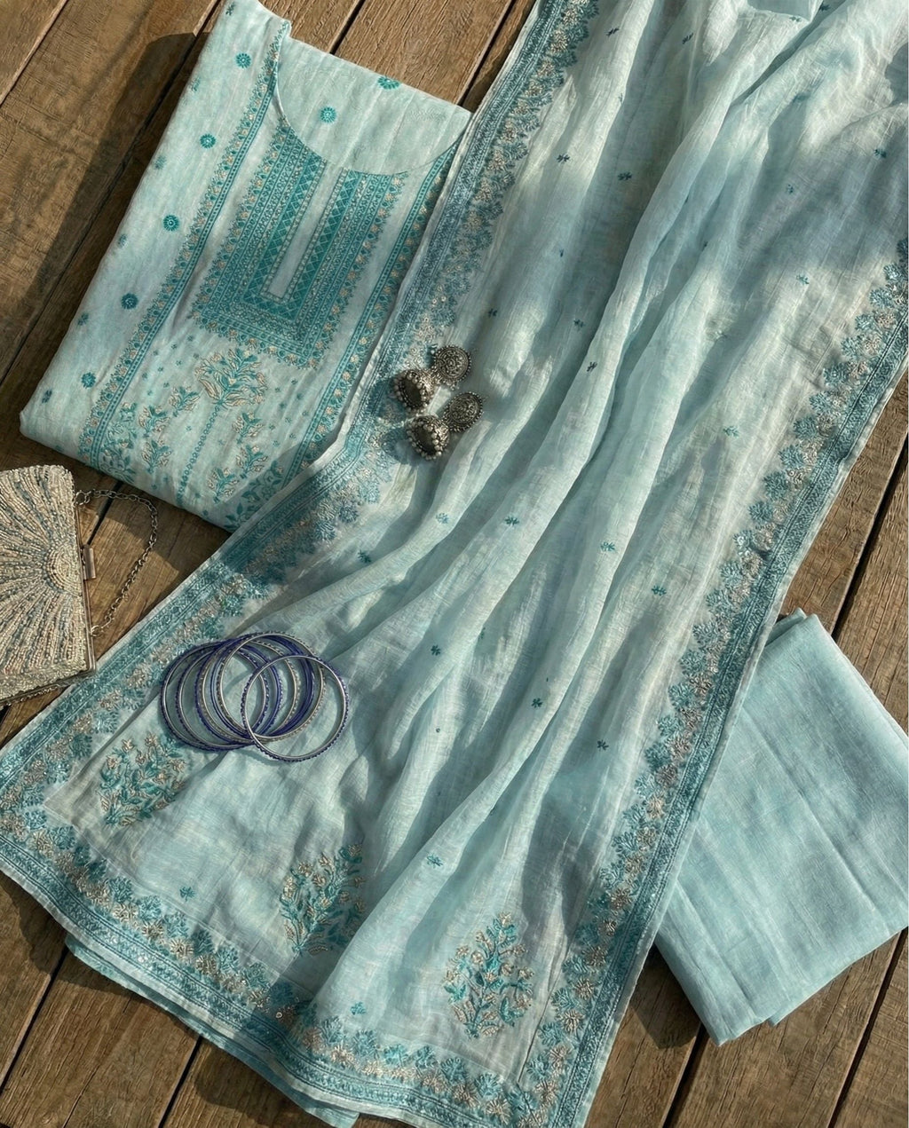 Ivory Aqua Cotton Jacquard Zari Unstitched Suit Set Serenity