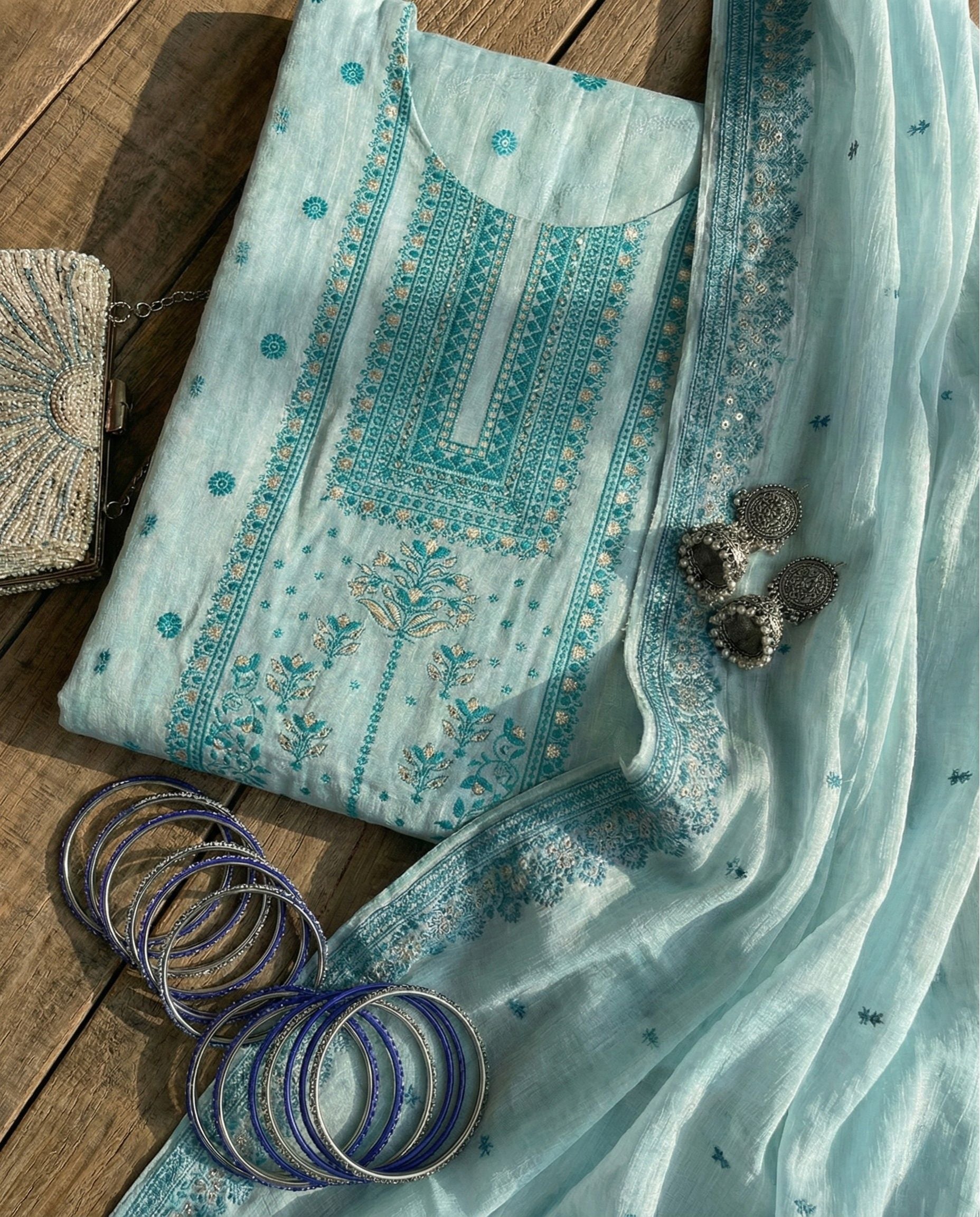 Ivory Aqua Cotton Jacquard Zari Unstitched Suit Set Serenity