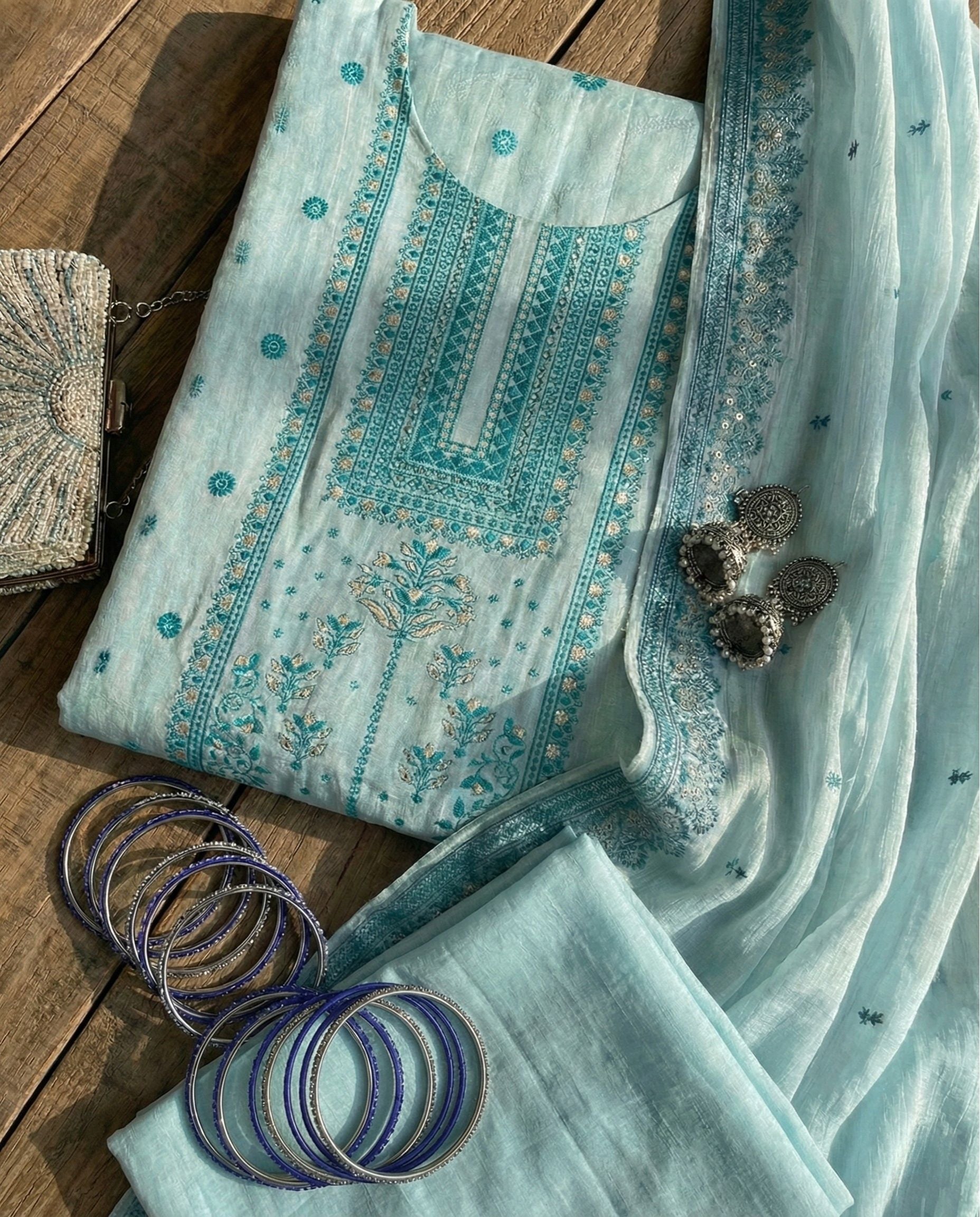 Ivory Aqua Cotton Jacquard Zari Unstitched Suit Set Serenity