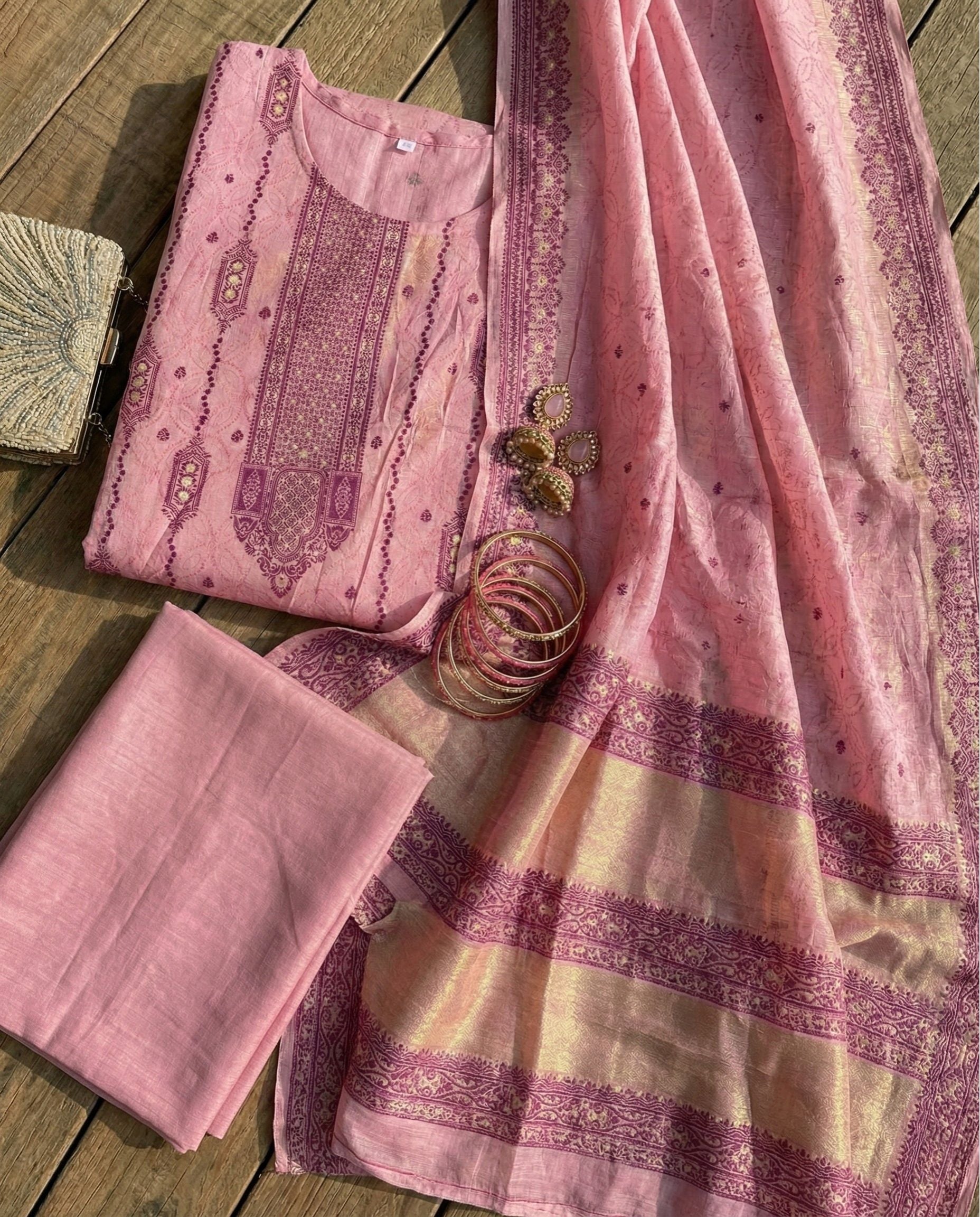 Blush Rose and Plum Cotton Jacquard Zari Unstitched Suit Set HeritageBloom