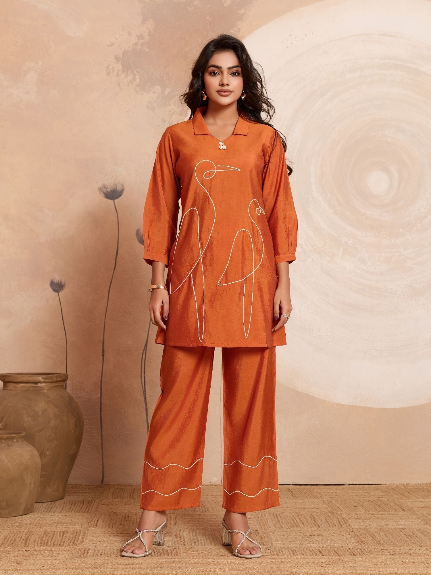 Aarika - Burnt Orange Designer Roman PV Chanderi Co-Ord Set