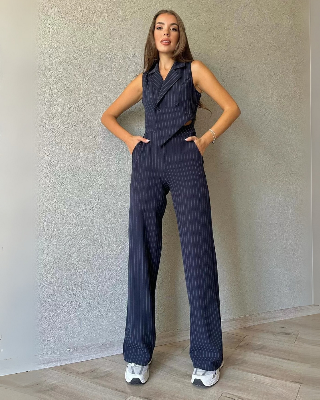 Aarna Navy Pinstripe Co-ord Set | Sleeveless Blazer & Pants for Women