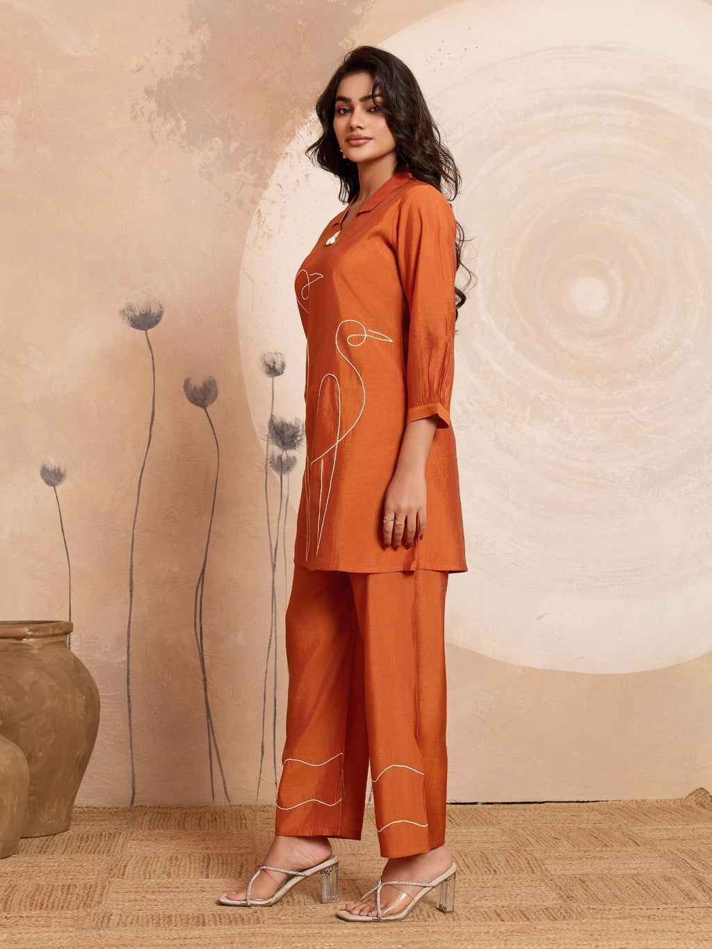 Aarika - Burnt Orange Designer Roman PV Chanderi Co-Ord Set