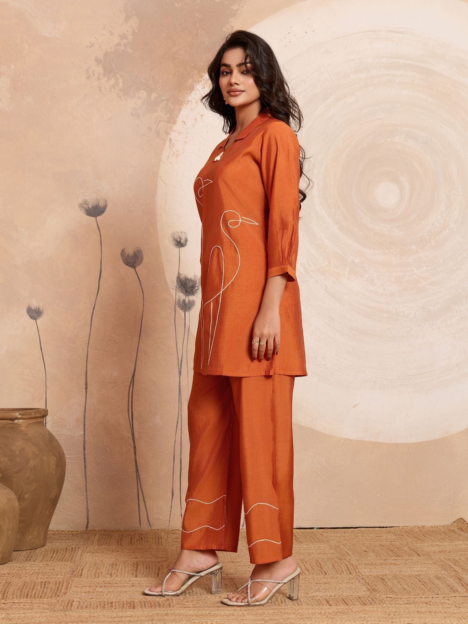 Aarika - Burnt Orange Designer Roman PV Chanderi Co-Ord Set
