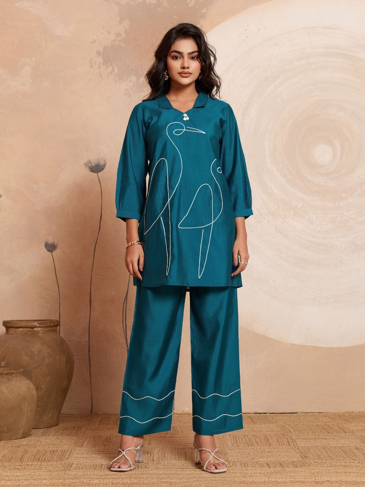 Aarika - Peacock Green Designer Roman PV Chanderi Co-Ord Set