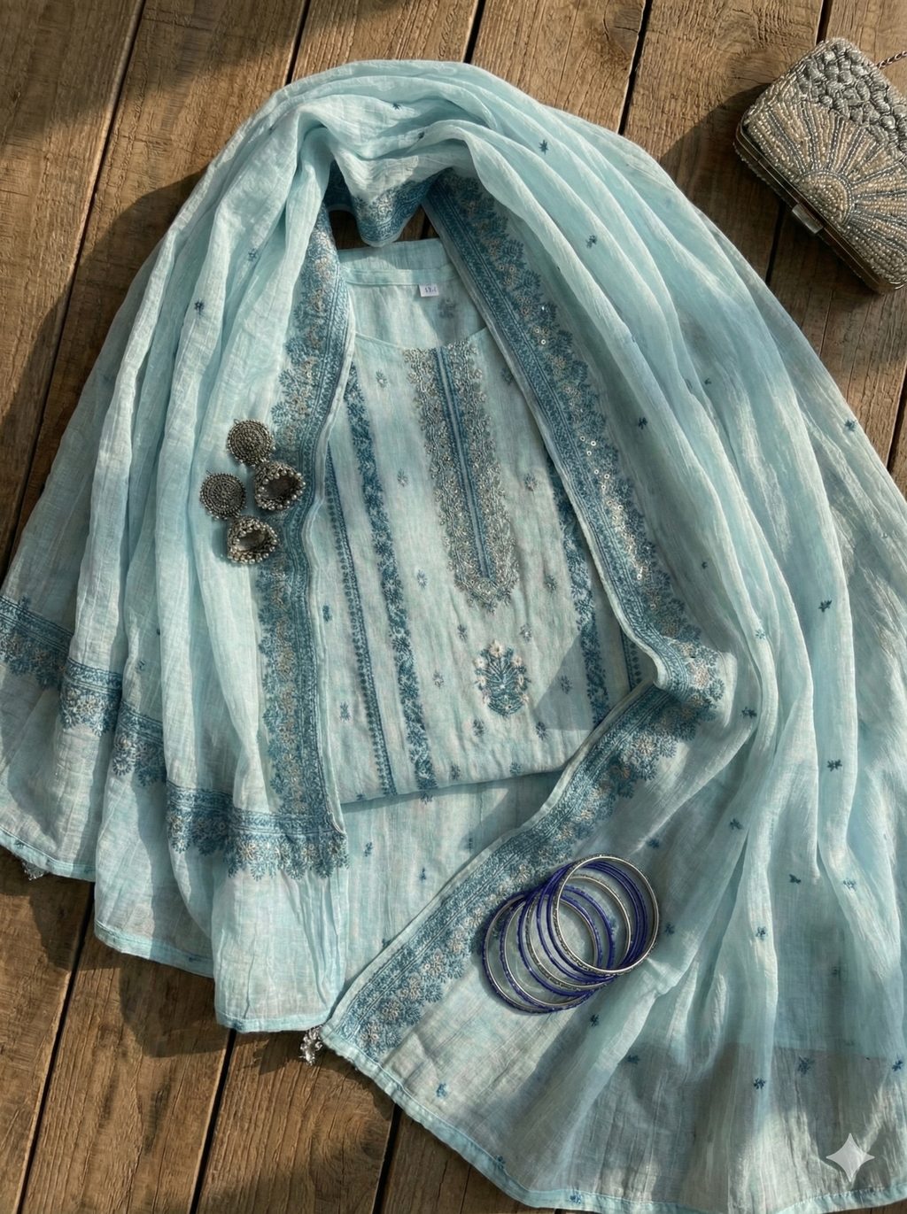 Light Blue Unstitched Cotton Jaquard Suit Set with Zari Work