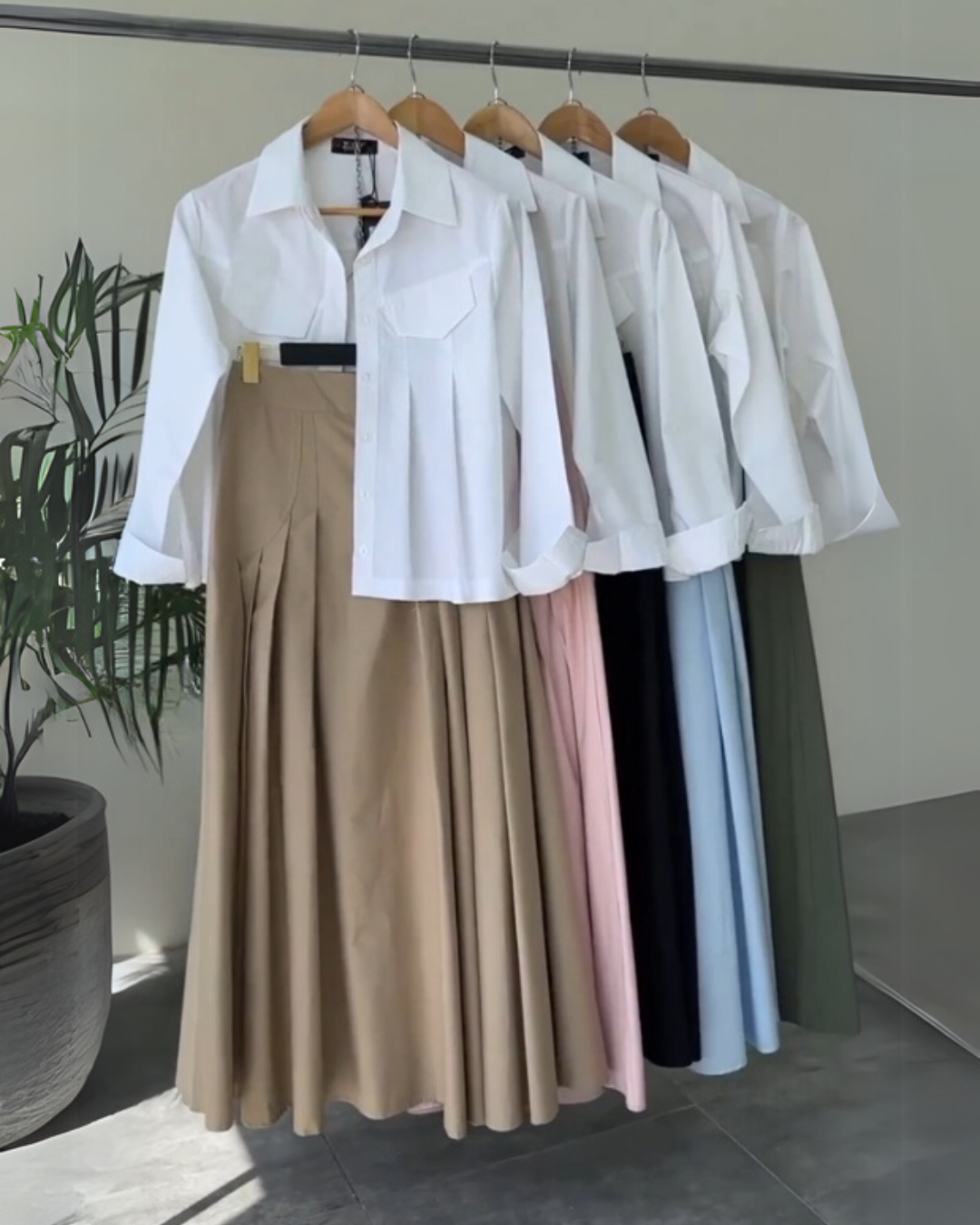 Urban Ease - Utility Shirt & Pleated Powder Blue Maxi Skirt Set